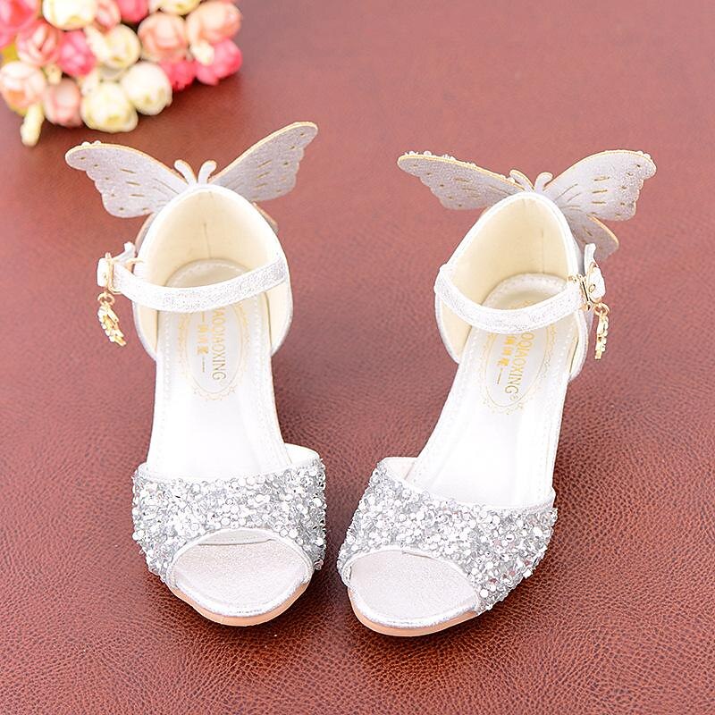 Girls' Sparkly Butterfly Princess Shoes – Glittery Open-Toe Dress Shoes with Low Heels for Weddings or Parties4