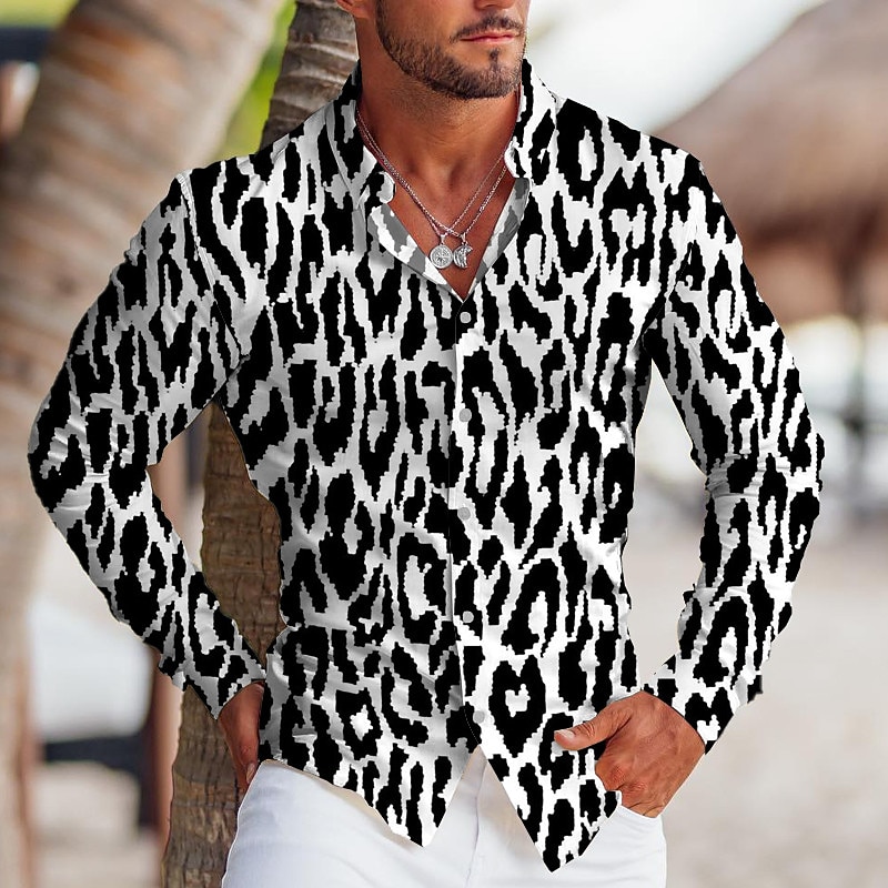 Men's Leopard Shirt Button Up Shirt Long Sleeve Tropical Fashion Designer Outdoor Casual Daily Fall & Winter Turndown Print Button-Down White Yellow Blue Green