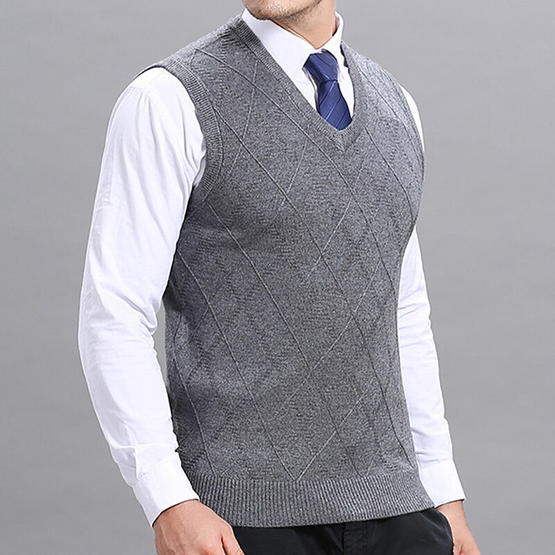 Men's Sweater Vest Dress Sweater Wool Sweater Pullover Sweater Jumper Knit Knitted Plaid V Neck Stylish Vintage Style Clothing Apparel Fall Winter Navy Blue Light Grey S M L3