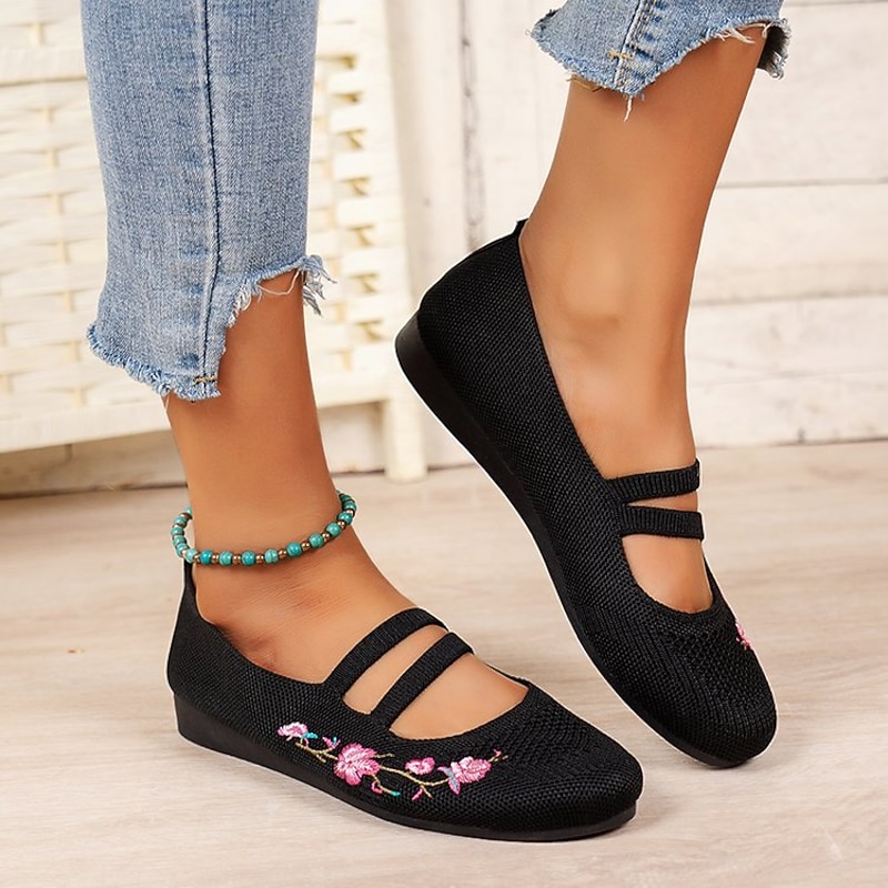 Women's Black Embroidered Mary Jane Flats – Breathable Mesh Slip-On Shoes with Double Straps – Casual & Vintage Style for Daily Wear4