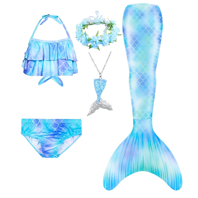 Kids Girls' Five Piece Mermaid Swimwear Swimwear Bikini Swimming Rainbow Cute Sexy Print Bathing Suits 3-10 Years Summer Light Blue Rose Gold3