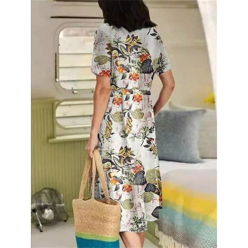 Women's Yellow Navy Blue Purple Summer Spring Midi Dress Cotton Linen Dresses Casual Dress Cotton Summer Dress Basic Casual Outdoor Vacation Daily Loose Fit Floral Flower V Neck4