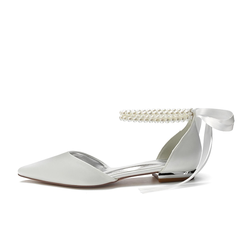 White Satin Flat Wedding Shoes with Pointed Toe, Pearl Chain Ankle Strap, and Ribbon Detail for Bridal Occasions2