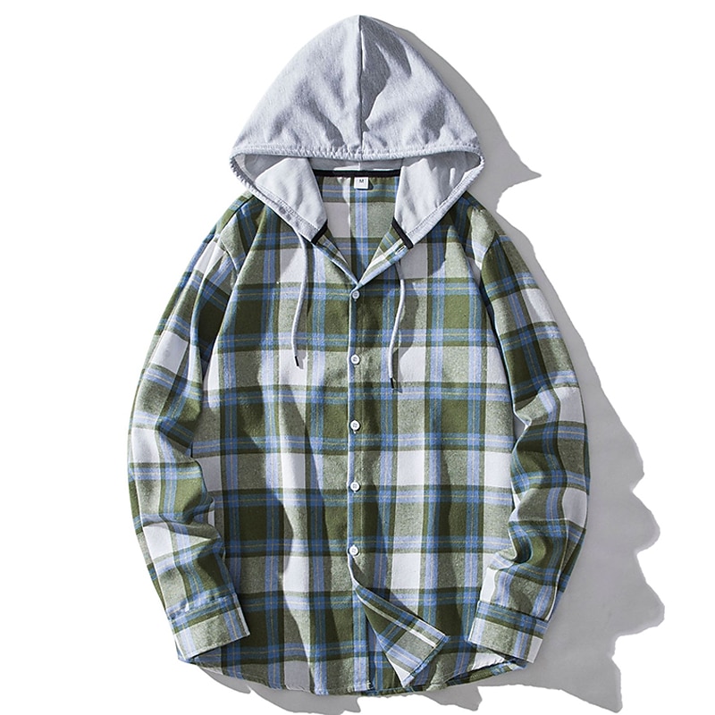 Men's Shirt Casual Shirt Button Up Shirt Hooded Shirt Black Light Brown Blue Dark Green Red Long Sleeve Plaid / Check Hooded Vacation Street Hooded Clothing Apparel Stylish Classic Casual3