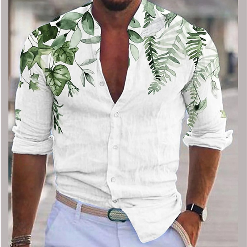 Men's Plant Shirt Linen Shirt Casual Shirt Long Sleeve Modern Contemporary Casual Hawaiian Vacation Going out Beach Summer Spring Turndown Print Button-Down Blue Purple Green Coffee