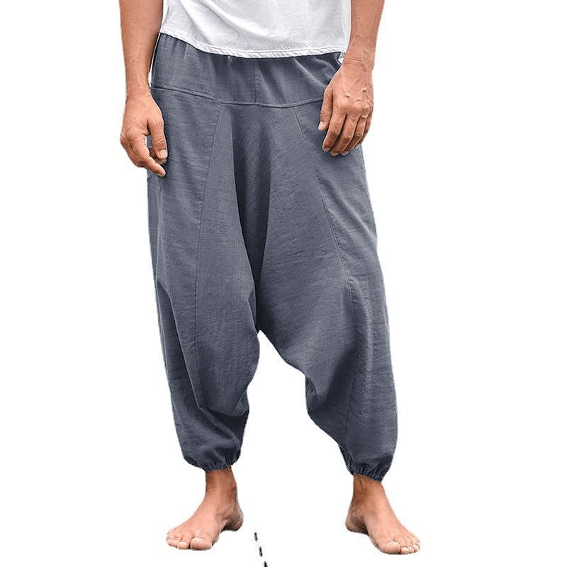 Men's Linen Pants Trousers Summer Pants Bloomers Beach Pants Drawstring Baggy Drop Crotch Plain Breathable Gym Yoga Linen / Cotton Blend Classic Casual Loose Fit Blue Grey2