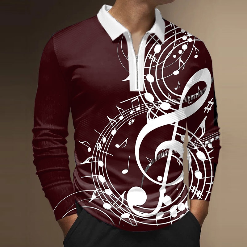 Music Festival Men's Music Zip Polo Shirts Golf Shirt Long Sleeve Polo Shirts Collared Shirts Casual Vacation Wear Festival Wear Party Outfits 3D Print Quarter Zip Polo Black White Wine4