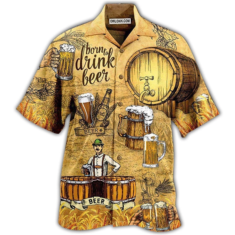 Men's Graphic Prints Beer Shirt Summer Hawaiian Shirt Aloha Shirt Short Sleeve Tropical Fashion Hawaiian Casual Hawaiian Holiday Summer Spring Turndown Print Button-Down Light Yellow Black Yellow2