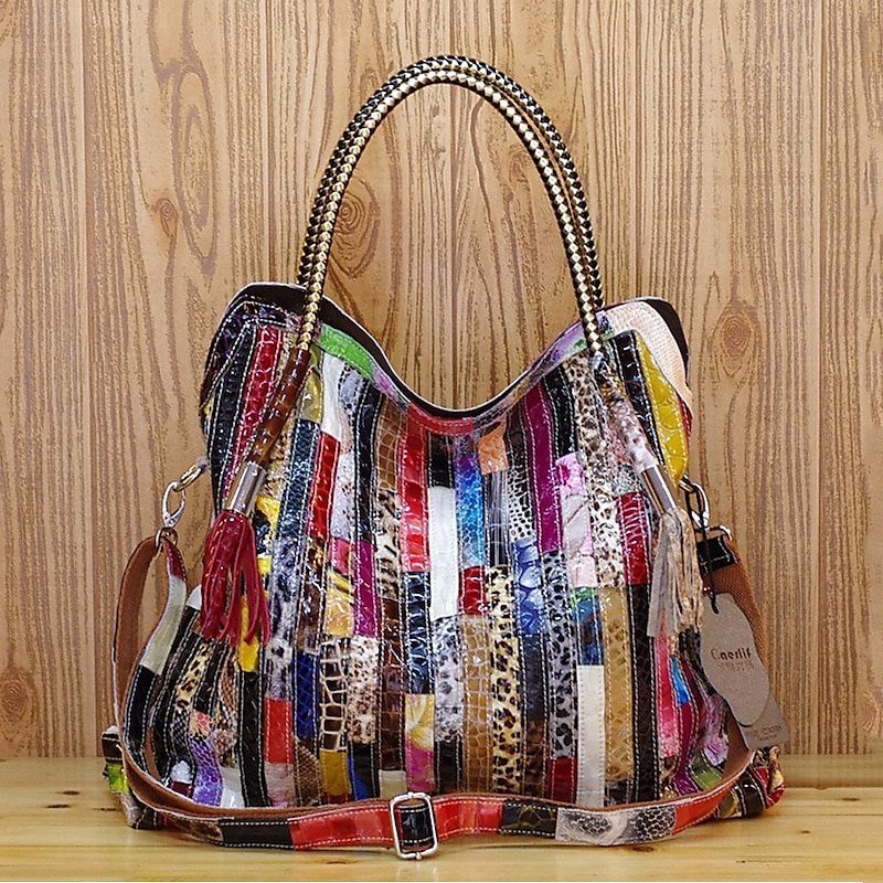 Chic Multicolored Patchwork Leather Handbag - Eye-Catching Designer Tote, Perfect for Fashion-Forward Outfits and Special Occasions