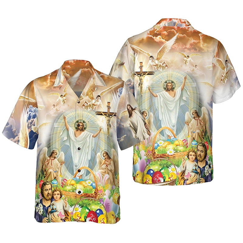 Men's Easter Jesus Shirt Button Up Shirt Short Sleeve Tropical Fashion Hawaiian Casual Holiday Beach Summer Spring Turndown Print Button-Down Khaki2