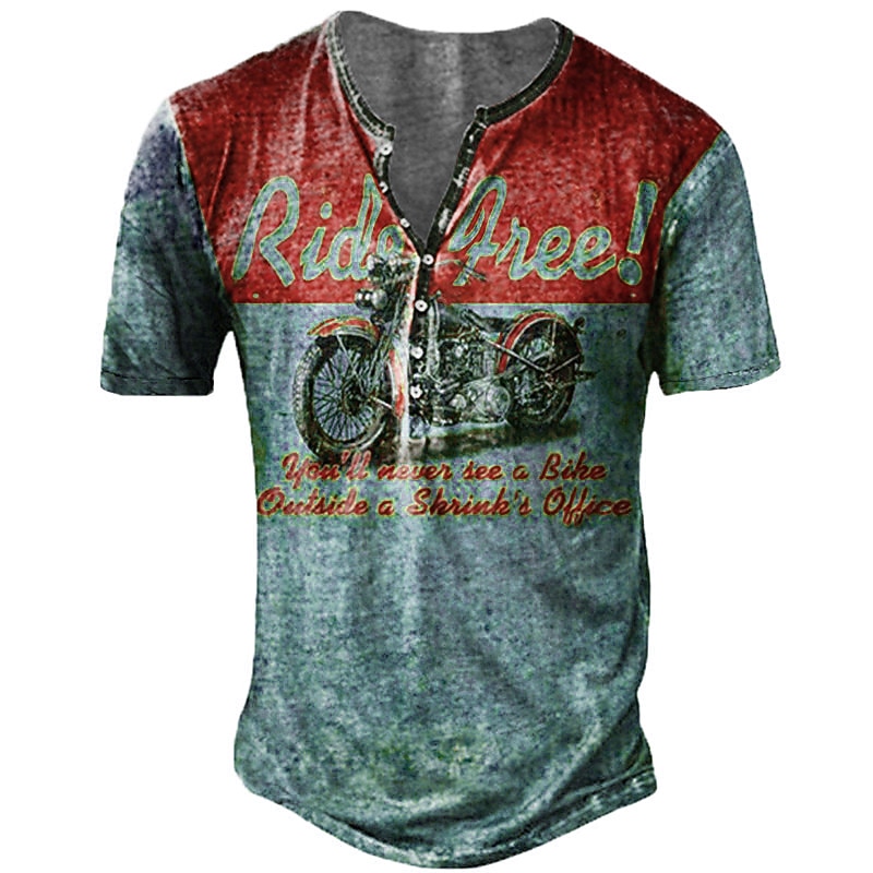 Men's T shirt Tee Henley Shirt Tee Graphic Motorcycle Henley Blue red Red Blue Purple Green 3D Print Plus Size Outdoor Casual Short Sleeve Button-Down Print Clothing Apparel Designer Stylish Retro3