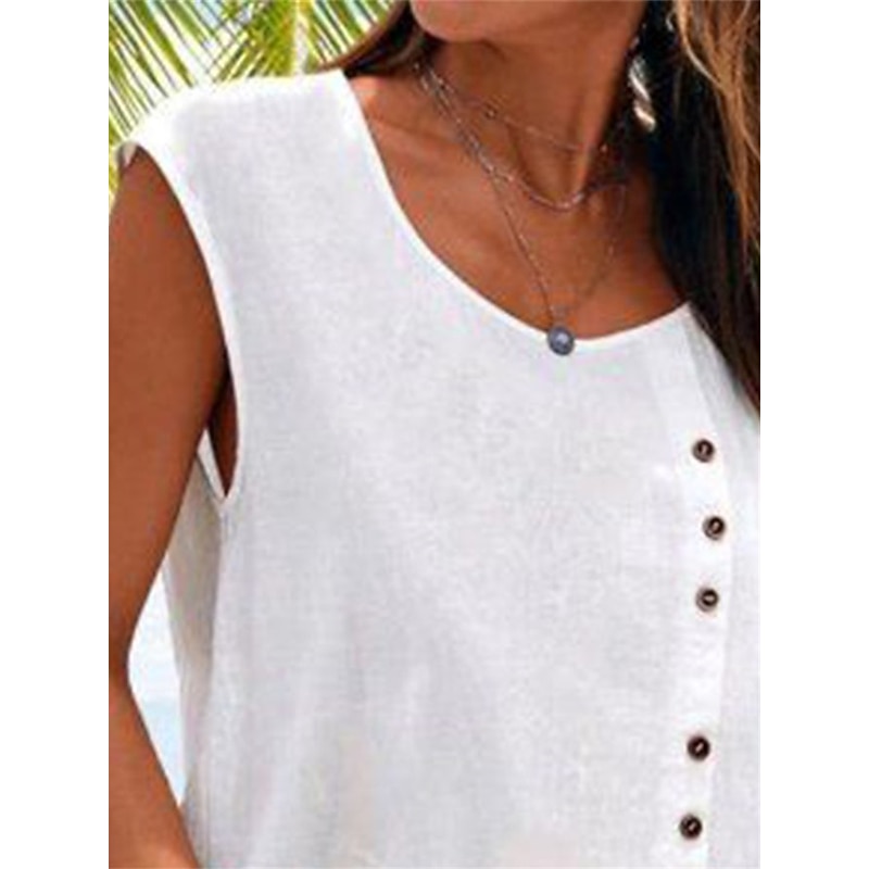 Women's Camisole Tank Top Plain Hawaiian Basic Sleeveless Round Neck Cotton Linen Vest  Casual Weekend Buttons Black White Blue Green4