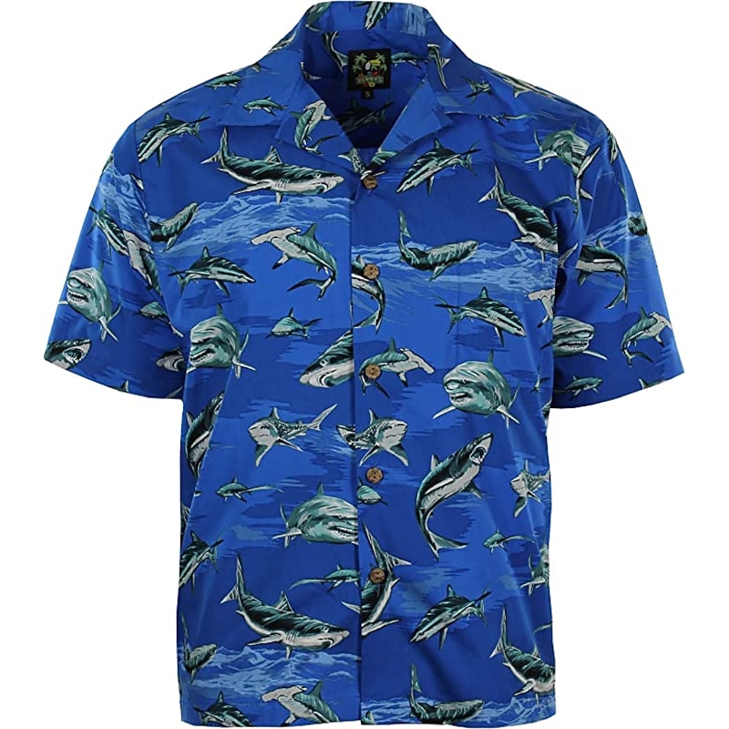Men's Animal Shark Tropical Shirt Summer Hawaiian Shirt Camp Collar Shirt Short Sleeve Shirt Turndown Fashion Designer Casual Outdoor Street Casual Black Blue Dusty Blue 3D Print S M L3