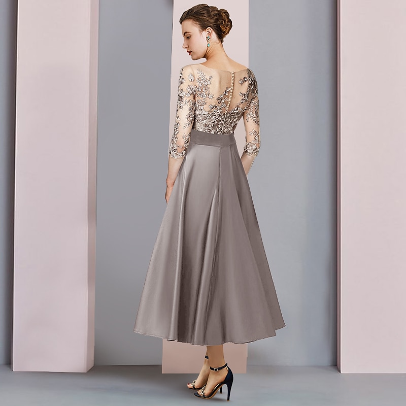 A-Line Mother of the Bride Dress Wedding Guest Elegant Party Scoop Neck Tea Length Satin Lace Half Sleeve with Bow(s) Appliques3