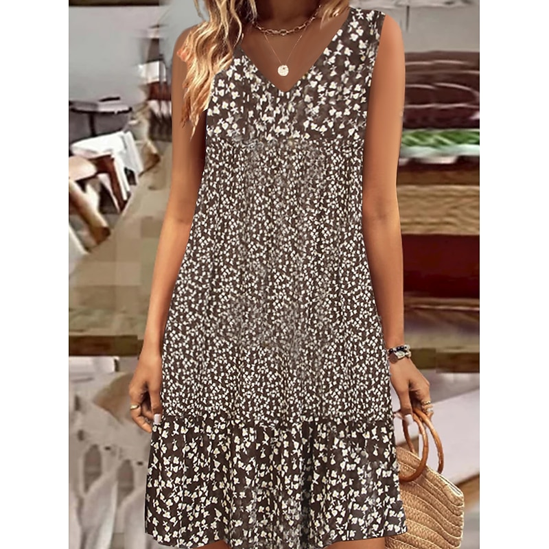 Women's Mini Dress A Line Dress Casual Dress Petite Dress Shift Dress Fashion Basic Classic Outdoor Vacation Party Regular Fit Floral Ditsy Floral Sleeveless V Neck Blue Brown Green Summer2