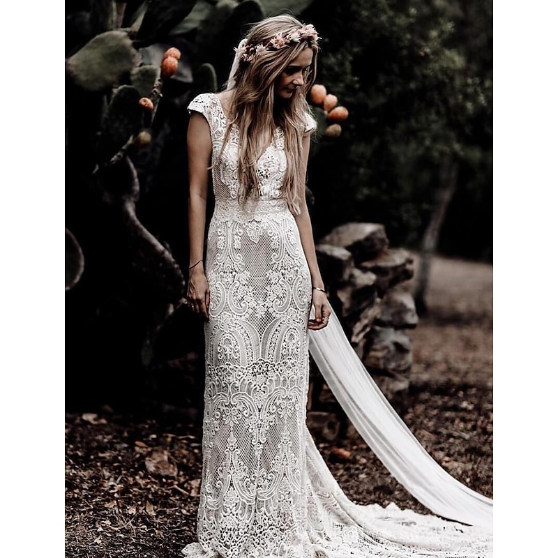 Beach Wedding Beach Boho Simple Wedding Dress Mermaid V Neck Cap Sleeve Court Train Lace Bridal Gowns With Appliques Solid Color 2025 2025 - $327.49