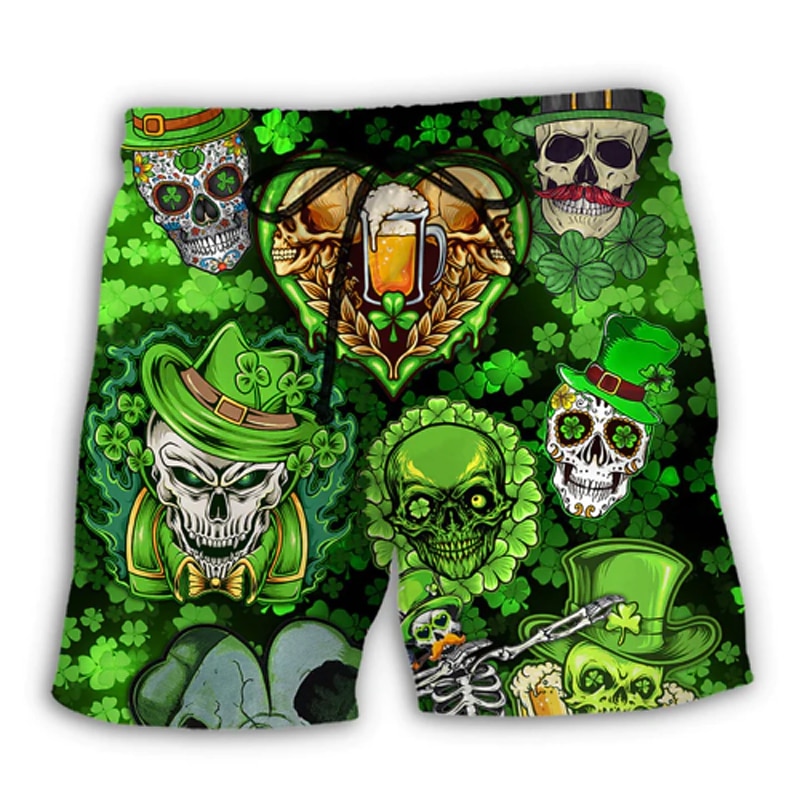 St.Patrick's Day Men's Board Shorts Swim Shorts Swim Trunks Summer Shorts Beach Shorts Drawstring with Mesh lining Elastic Waist Skull Graphic Prints Quick Dry Short Beach St. Patrick's Day Boho