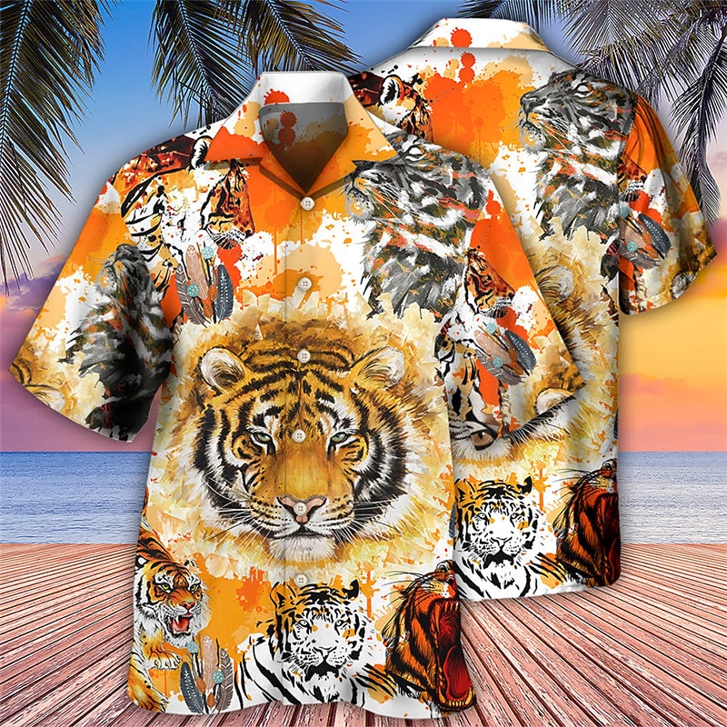 Chinese New Year Tiger Power Tiger, Mens Graphic Shirt Summer Hawaiian Prints Turndown Yellow Casual Holiday Short Sleeve Button Clothing Apparel Tropical Fashion Orange Cotton Native American Button-
