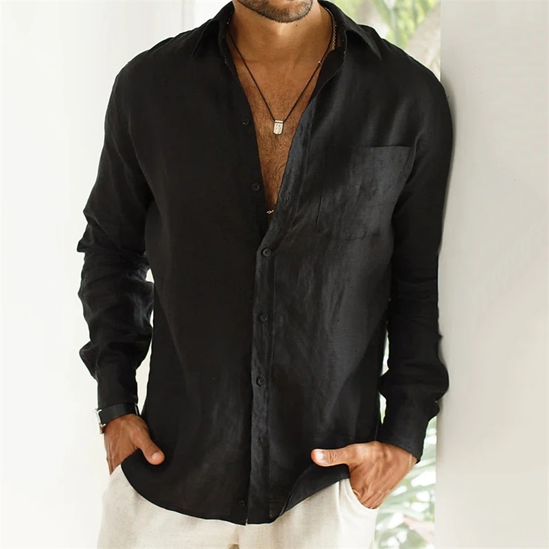 Men's Linen Shirt Summer Shirt Beach Wear Button Up Shirt Plain Vacation Casual Black Blue Brown Khaki Long Sleeve Turndown Spring &  Fall Clothing Apparel Front Pocket