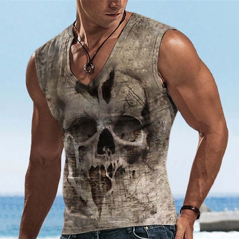 Men's Graphic Skulls Vest Top Sleeveless T Shirt for Men Sleeveless T shirt 3D Print V Neck Shirt Designer Casual Muscle Sports Running Gym Blue Purple Khaki Spring & Summer Clothing Apparel S M L XL4