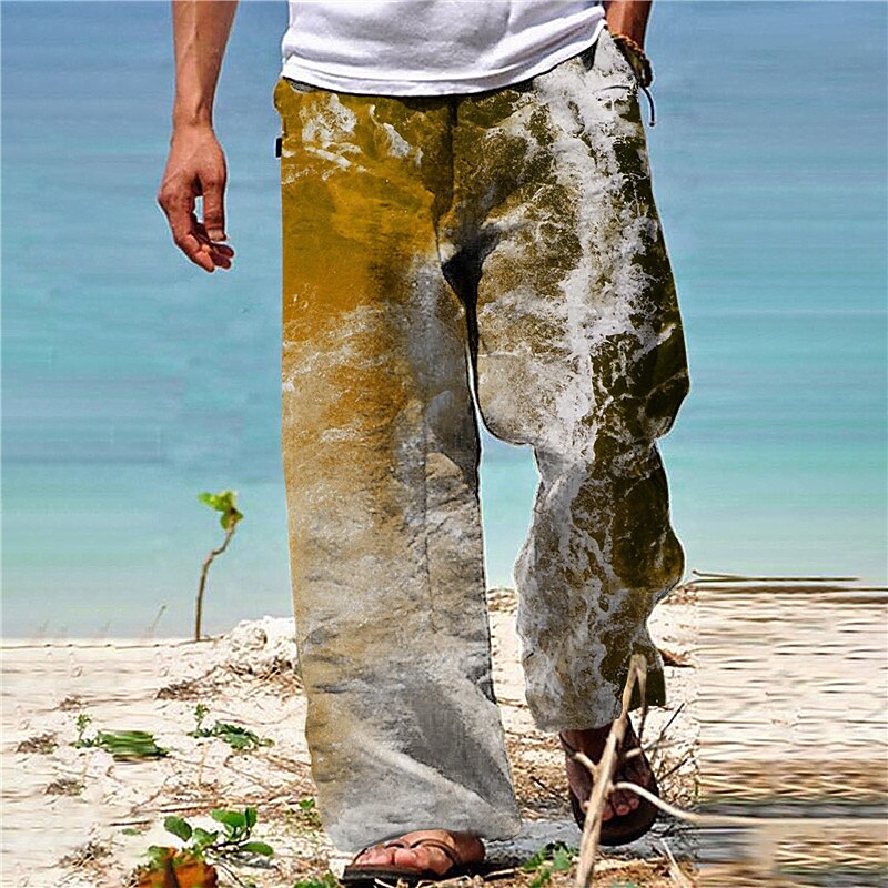 Men's Trousers Summer Pants Beach Pants Drawstring Elastic Waist Straight Leg Graphic Prints Spray Comfort Casual Daily Holiday Streetwear Hawaiian Blue Brown2