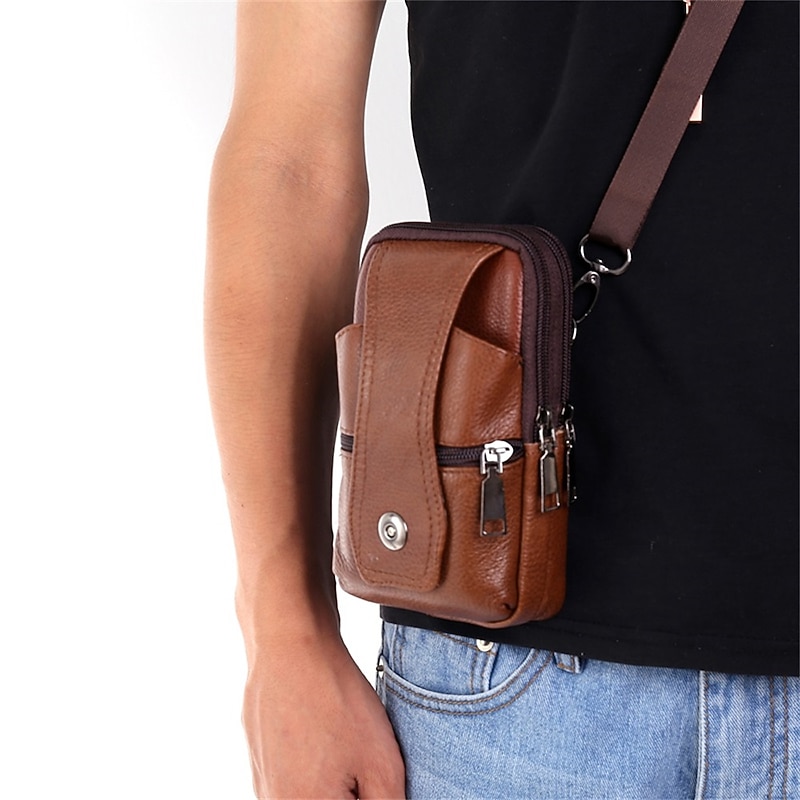 Fashion Men Leather Waist Bag Multifunction Fanny Pack Large Capacity Belt BagBrown Shoulder Bags Crossbody BagsMulti-layer buckle mobile phone bag2