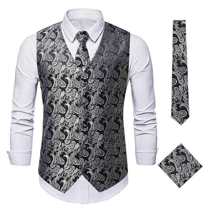 Men's Vest Tie Set Paisley Floral Jacquard Necktie Pocket Square 3PCS Waistcoat Retro Vintage Rococo for Suit or Tuxedo Wedding Party Masquerade2