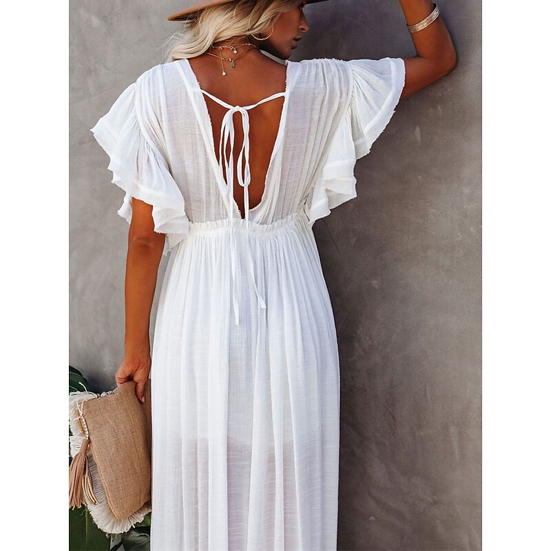 Women's Long Dress Maxi Dress Party Dress Casual Dress Swing Dress Pure Color Fashion Casual Outdoor Daily Vacation Ruffle Backless Short Sleeve V Neck Dress Loose Fit ArmyGreen White Red Summer3