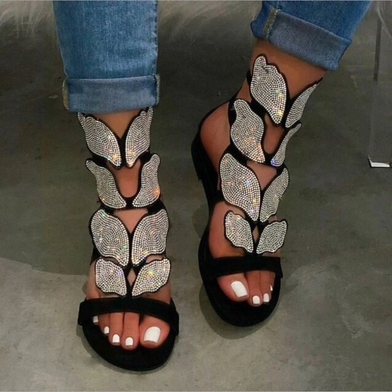 Women's Sandals Bling Bling Shoes Flat Sandals Plus Size Party Daily Color Block Summer Rhinestone Flat Heel Open Toe Vintage Classic Casual Faux Leather Loafer Silver Black Gold3