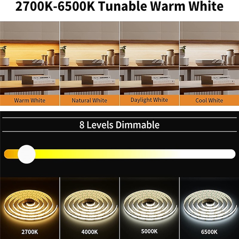 COB LED Strip Light White CCT Tunable 3200LEDsCRI90 16.4ft/5m Dimmable 2700K-6500K 24V LED Tape Lights Kit with UL-Listed Power Supplyfor Under Cabinet Bedroom Kitchen TV Mirror DIY Lighting3