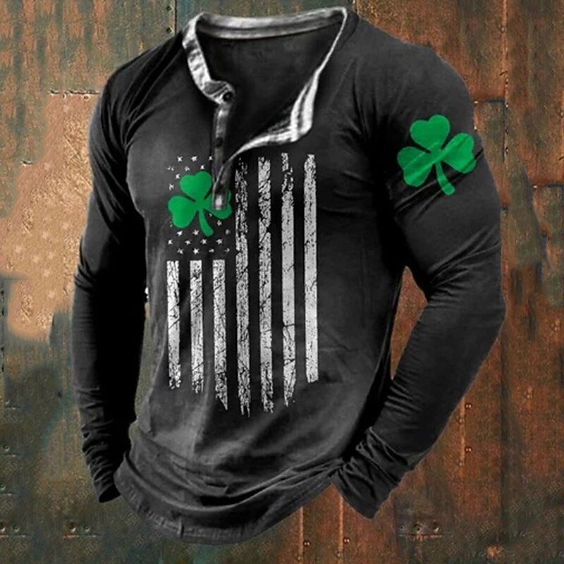 St.Patrick's Day Men's Henley Shirt Tee Graphic Clover National Flag Henley Clothing Apparel 3D Print Daily St.Patrick's Day Long Sleeve Button-Down Print Fashion Designer2
