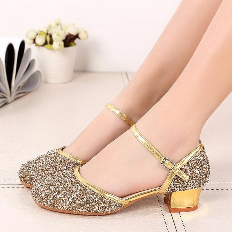 Girls' Gold Glitter Dance Shoes – Low Block Heel, Mary Jane Strap Design, Perfect for Ballroom, Latin, and Party Performances