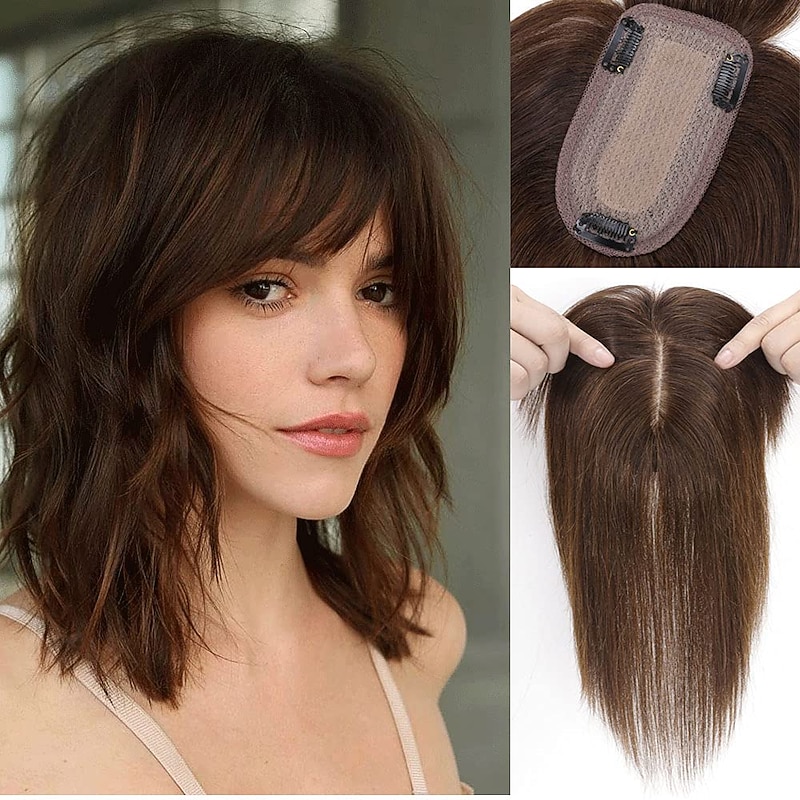 Choices 120% Density Silk Base Top Hairpiece 100% Human Hair Extensions Clip In On Hair Topper For Women Hand-made Top Hair Piece Middle Part With Thinning Hair Loss Hair #4 Medium Brown 6'' 27g