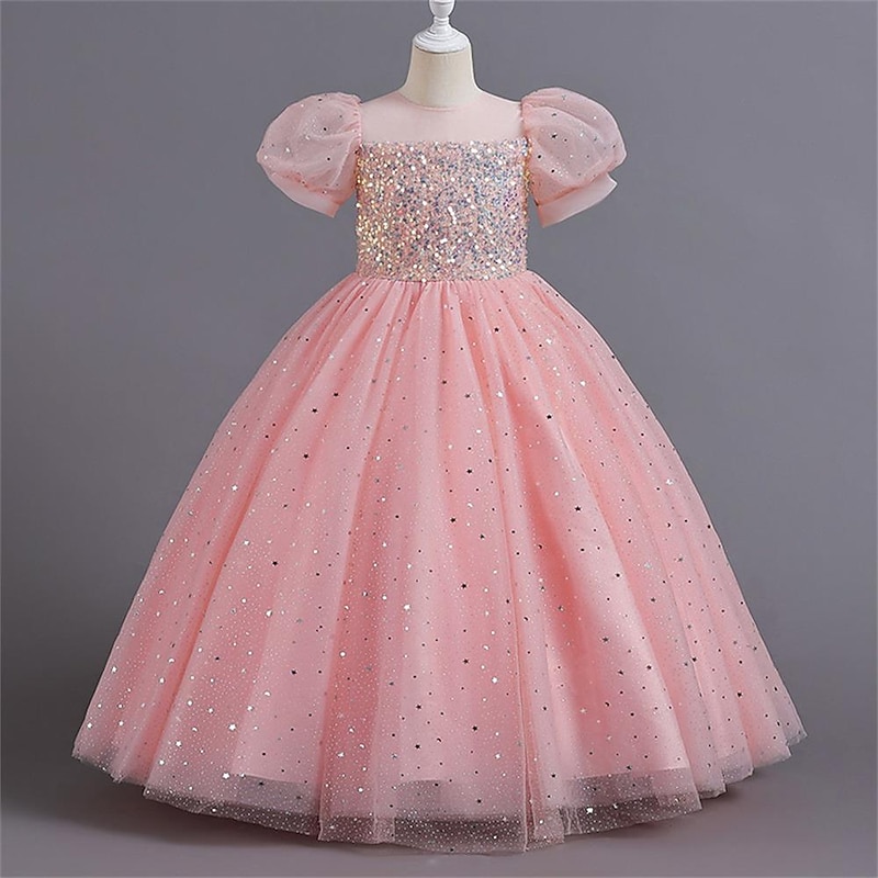 Kids Girls' Flower Girl Dress Party Dress Solid Color Flower Short Sleeve Performance Wedding Party Sequins Elegant Princess Polyester Maxi Pink Princess Dress Tulle Dress Summer Spring 4-13 Years2