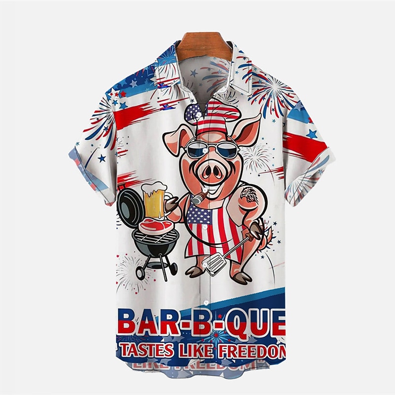 Men's Pig National Flag Shirt Summer Hawaiian Shirt Aloha Shirt Short Sleeves Shirt Turndown Tropical Sports Streetwear Street Casual Daily White S M L