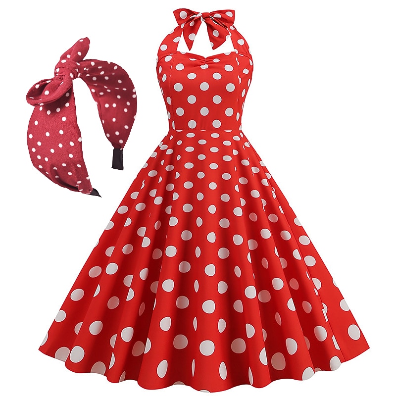 Retro Vintage 1950s Grease Outfits Vintage Inspired Knee Length Cocktail Dress Headband Swing Dress Sleeveless Bow Polka Dot Fit & Flare Halter Neck Fancy Dress Women's Carnival Valentine's Day