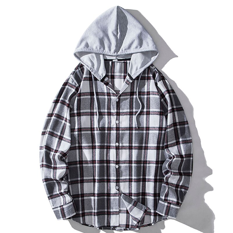 Men's Shirt Casual Shirt Button Up Shirt Hooded Shirt Black Light Brown Blue Dark Green Red Long Sleeve Plaid / Check Hooded Vacation Street Hooded Clothing Apparel Stylish Classic Casual4