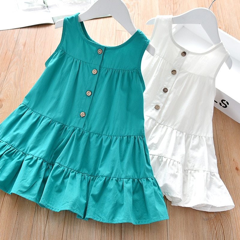 Kids Girls' Dress Solid Color Sleeveless Outdoor Casual Ruched Buttons Casual Sweet Cotton Midi A Line Dress Tank Dress Summer Spring 3-10 Years White Green