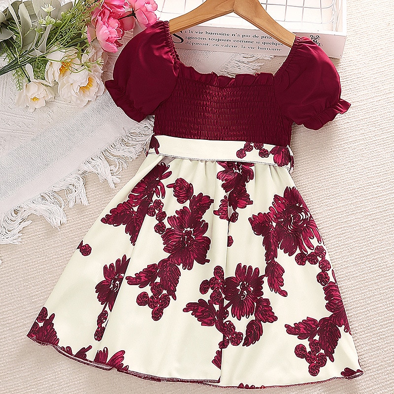 Kids Girls' Dress Floral Flower Short Sleeve Outdoor Casual Puff Sleeve Fashion Daily Cotton Above Knee Casual Dress A Line Dress Floral Dress Summer Spring 1-6 Years Red3