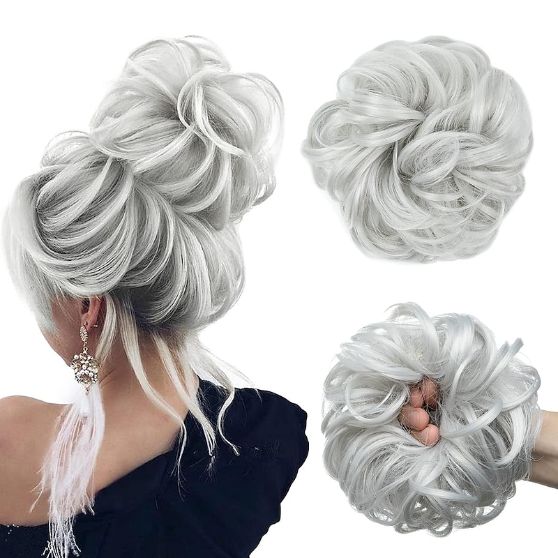 Messy Bun Large Scrunchies Wavy Curly Synthetic Silver Grey Ponytail Hair Extensions Thick Updo Hair Pieces for Women Girls Kids
