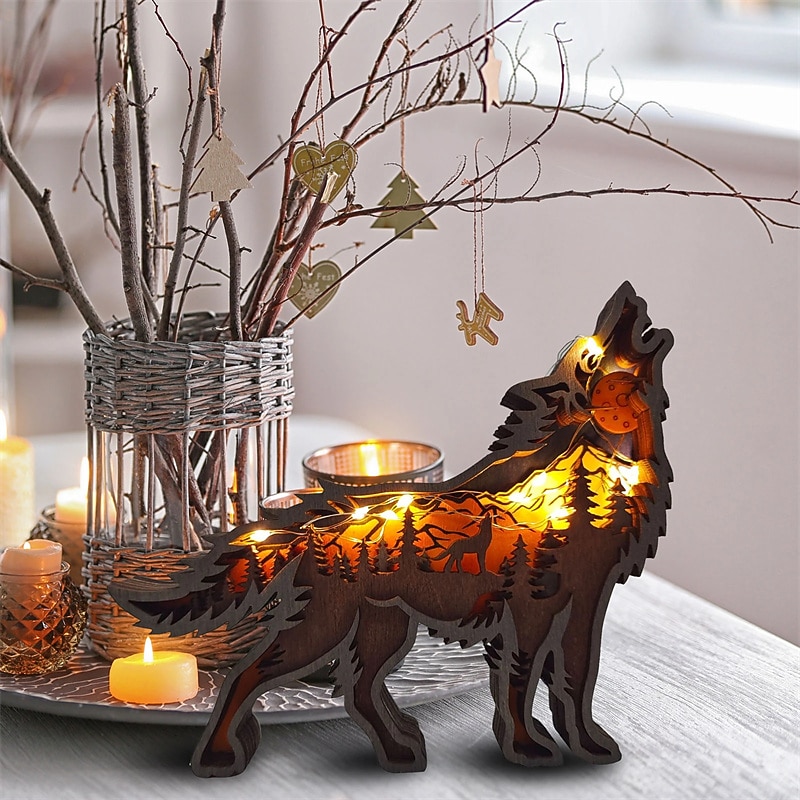 Wooden Animal Ornaments Led Light 3D Hollow Carving Home Room Decor Figurines Crafts Office Desk Bedroom Decoration Accessories