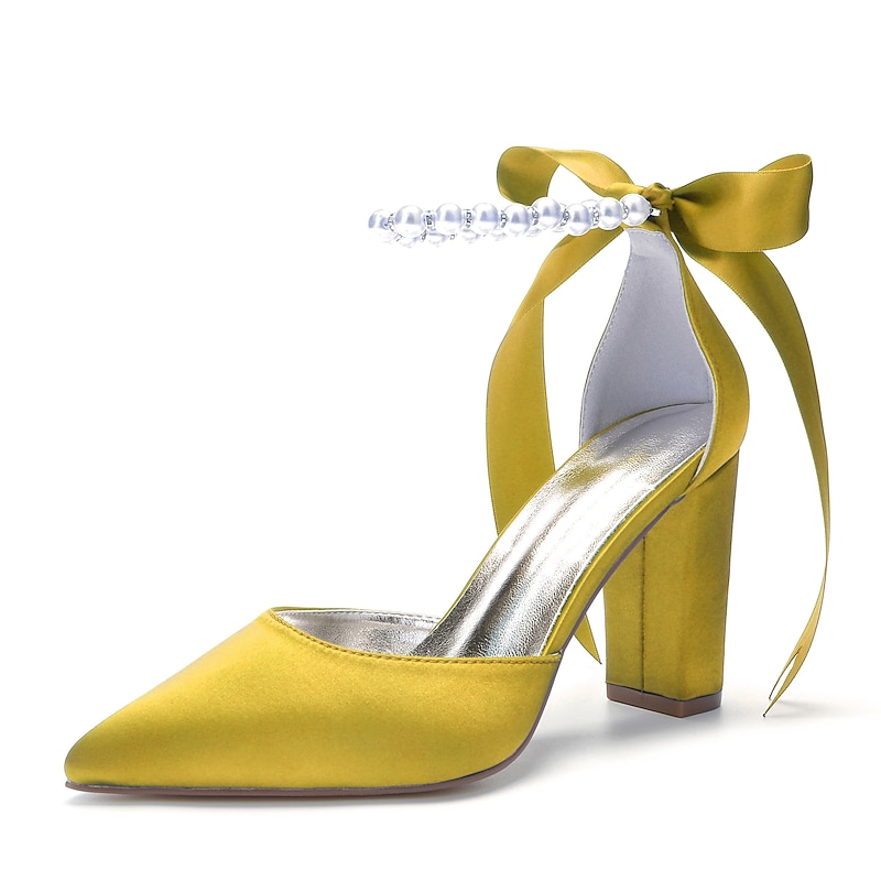 Elegant Green Satin Ankle Strap Heels – Pointed Toe, Pearl Bow Detail, Block Heel Pumps for Women – Perfect for Weddings & Parties 19