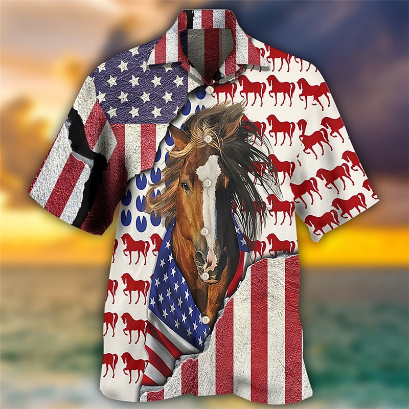 Men's Flag Horse Graphic Prints Shirt Summer Hawaiian Shirt Short Sleeve Shirt Turndown Casual Hawaiian White Red Blue Brown Print Button-Down Clothing Apparel Tropical Fashion Hawaiian Soft