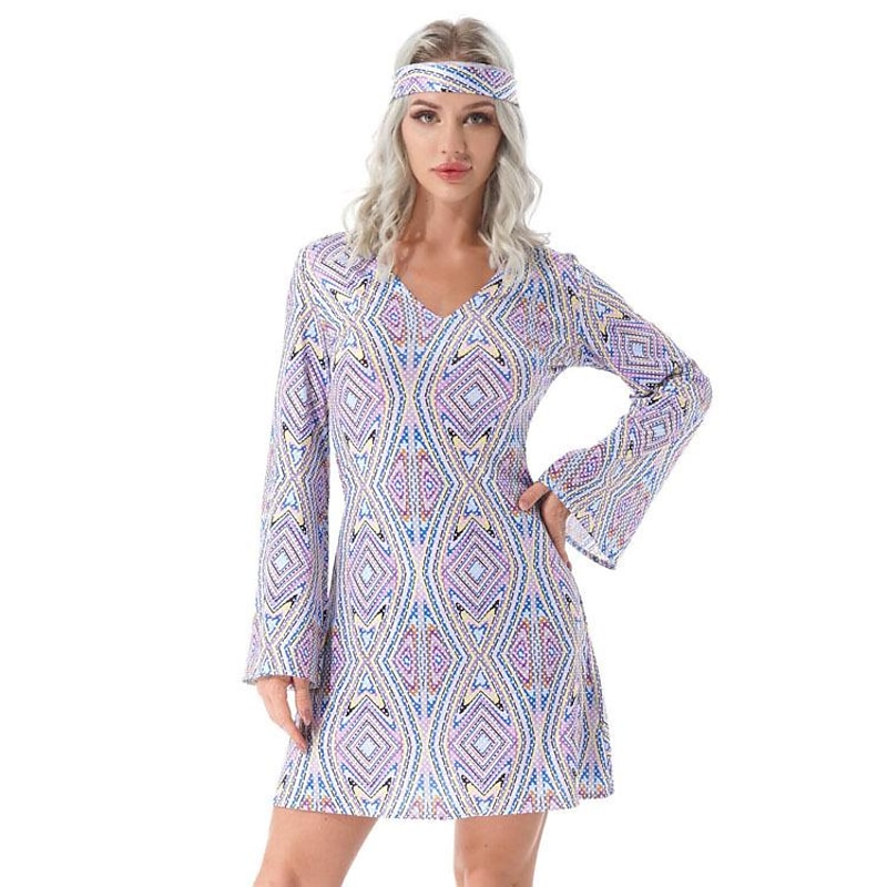 Retro Vintage Hippie 1970s Dress Headpiece Flare Cuff Sleeve Hippie Printing Fancy Dress Women's Masquerade Party & Evening Pride Parade Pride Month Adults' Dress Headwear3