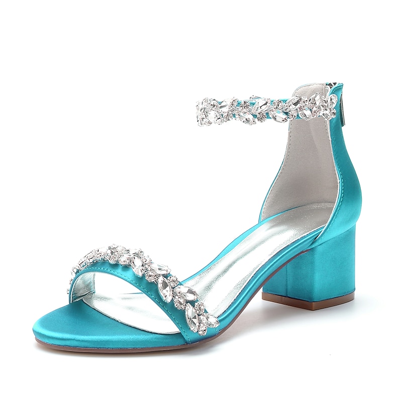Women's Green Satin Wedding Sandals – Rhinestone Ankle Strap Block Heel Open Toe Bridal Shoes for Evening & Prom 22