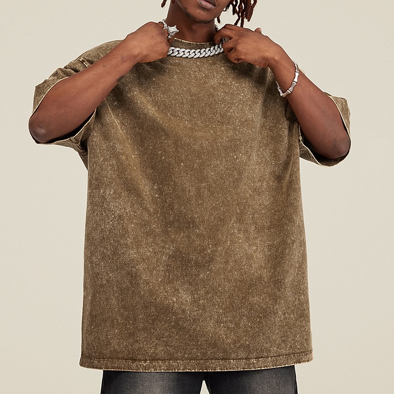 Men's 100% Cotton Acid Wash Shirt Oversized Shirt Short Sleeve Crew Neck Spring & Summer Plain Fashion Designer Casual Sports & Outdoor Daily Streetwear Black Green Coffee Top Tee for Men