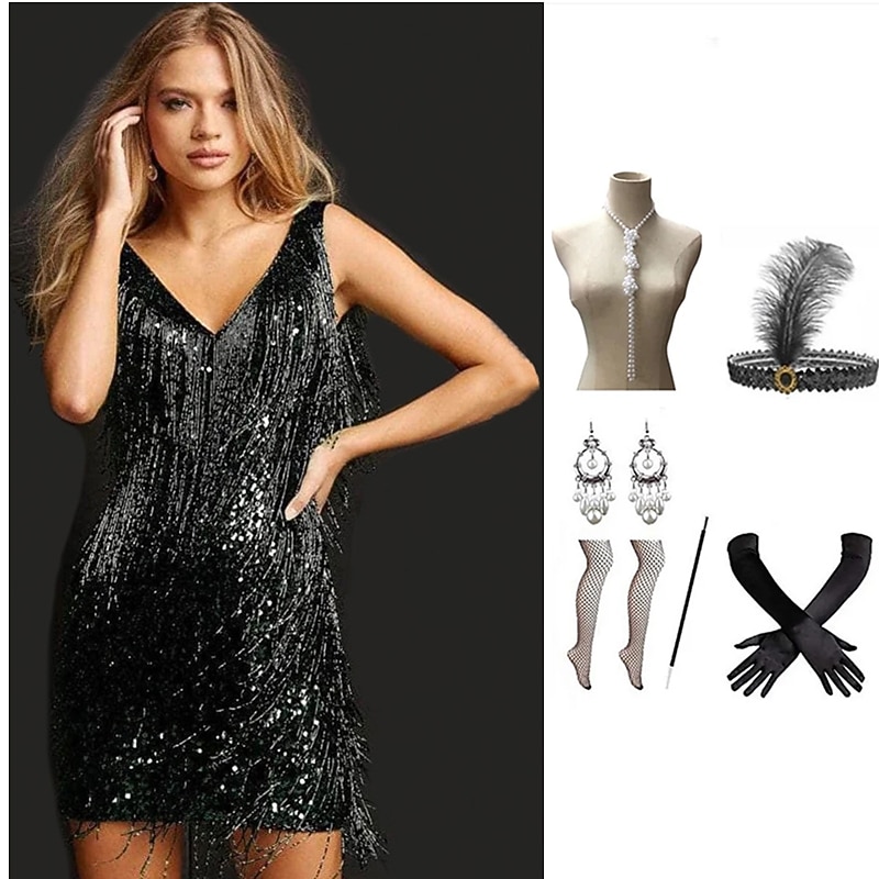 Tassel Vintage Inspired Short Length Flapper Dress Dress Outfits Sleeveless Wedding Guest Tassel Fringe Solid Colored Tassel V Neck Fancy Dress Women's Halloween Masquerade Casual Daily Party