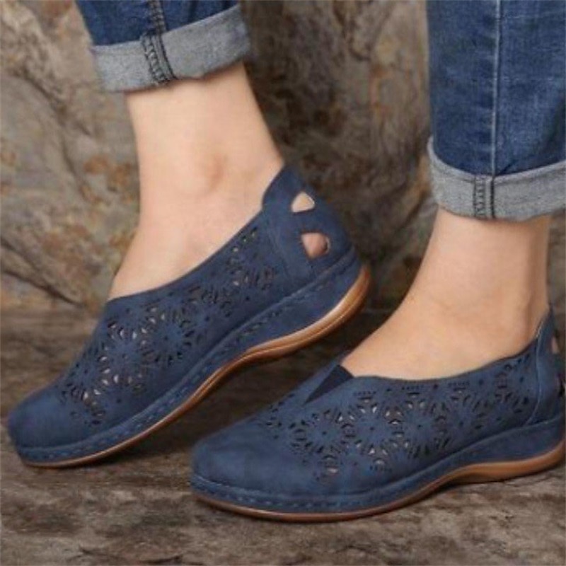 Women's Blue Slip-On Comfort Shoes with Hollow Floral Cutouts, Wide Fit Soft Sole Flats for Walking, Travel, and Casual Daily Wear