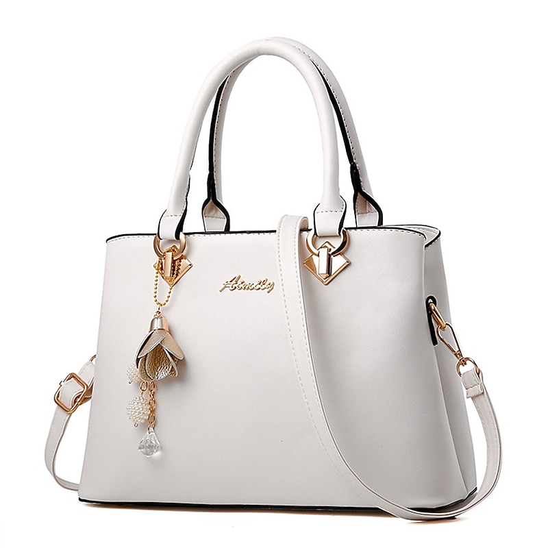 Women's Elegant White Faux Leather Handbag with Gold Hardware and Floral Charm - Stylish Shoulder Bag for Daily Use and Special Occasions