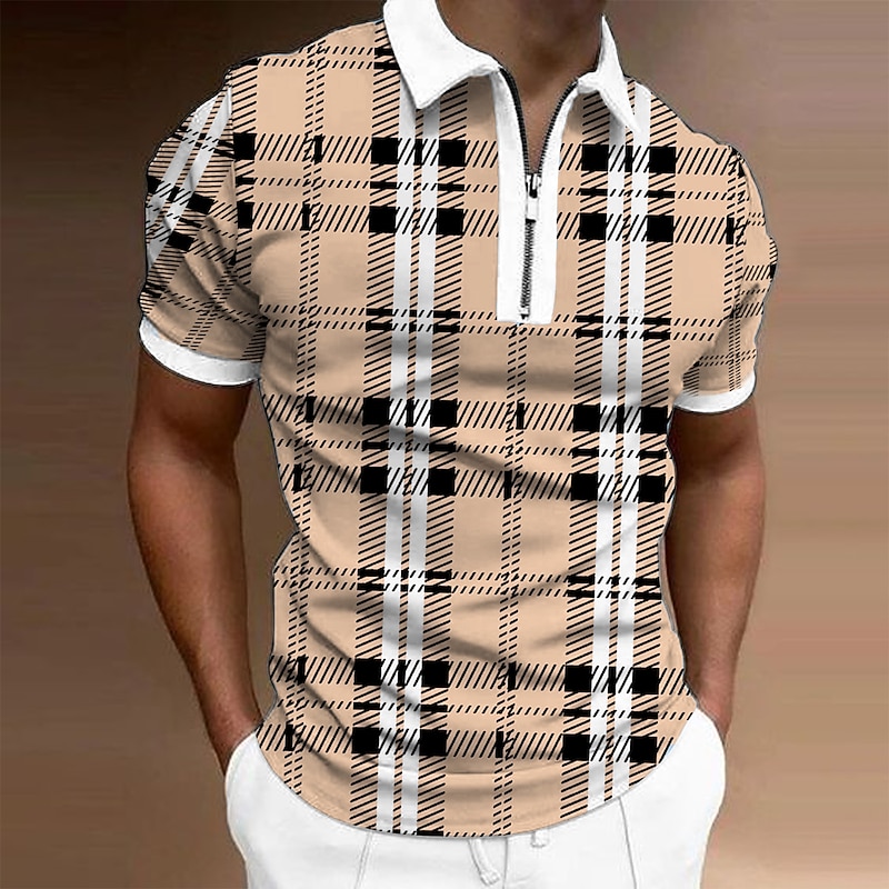 Men's Polo Shirt Quarter Zip Polo Casual Daily Turndown Quarter Zip Short Sleeve Sports Fashion Plaid Zipper Quarter Zip Spring & Summer Regular Fit Green Apricot Light Blue Polo Shirt4